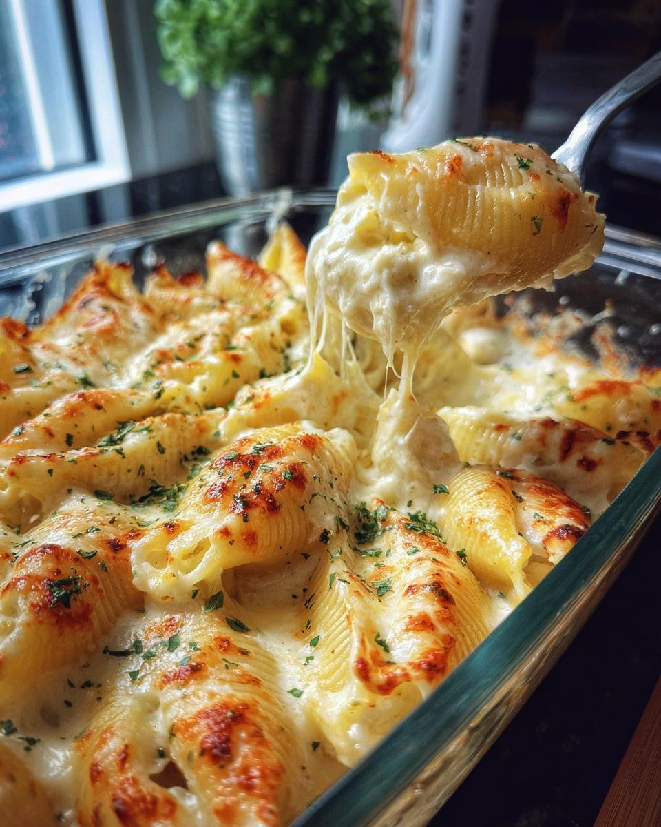 A fork lifting a cheesy, creamy portion of Irresistible Chicken Alfredo Stuffed Shells from a baking dish.