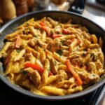 Close-up of Irresistible Chicken Fajita Pasta Creamy And Bold in a pan, with penne pasta, chicken pieces, and red bell peppers in a rich sauce.