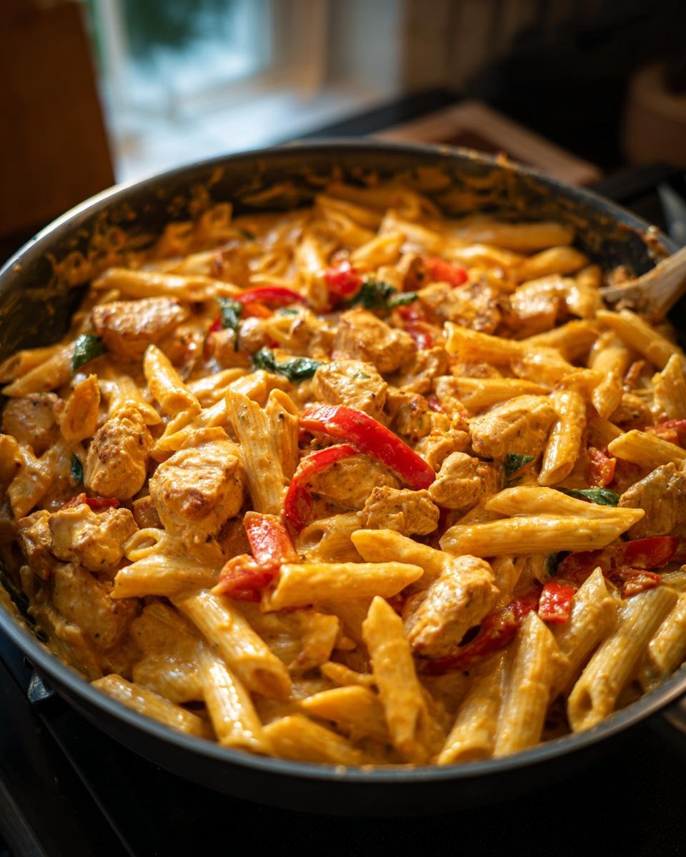 Close-up of Irresistible Chicken Fajita Pasta Creamy And Bold in a pan, with penne pasta, chicken pieces, and red bell peppers.