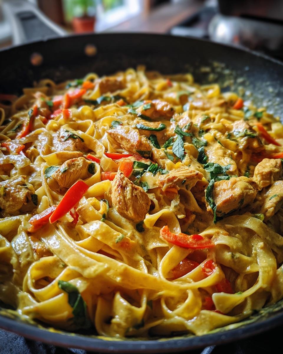Close-up of Irresistible Chicken Fajita Pasta in a creamy sauce, with fettuccine, chicken pieces, and red bell peppers.
