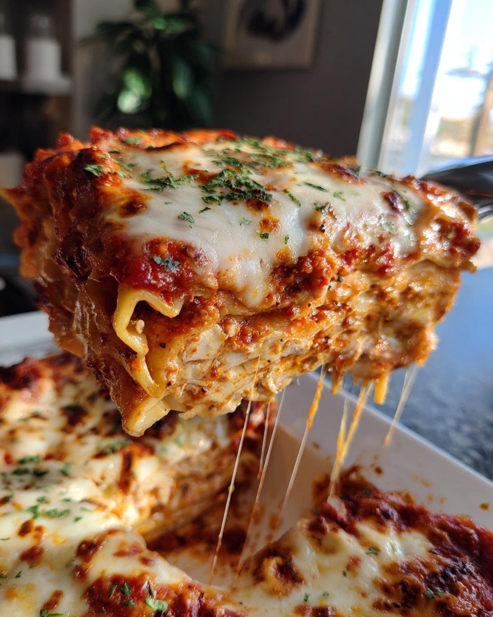 A slice of irresistible chicken lasagna being lifted, showing layers of pasta, chicken, sauce, and melted cheese with strings of cheese pulling.
