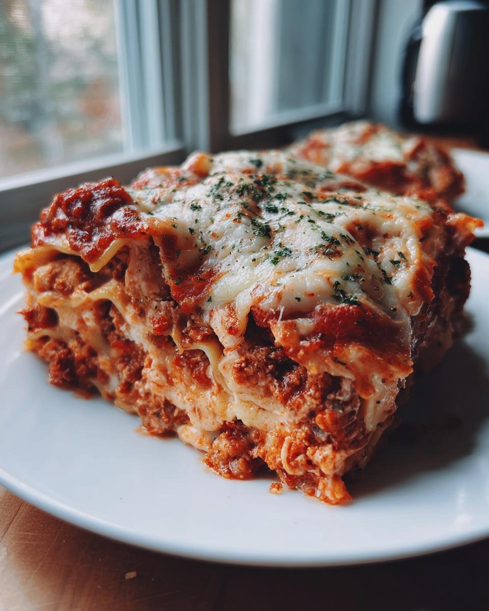 A close-up of a generous slice of Irresistible Chicken Lasagna Recipe, layered with pasta, rich meat sauce, and melted cheese.