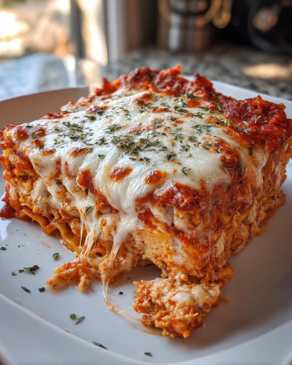 A mouthwatering slice of Irresistible Chicken Lasagna Recipe, with melted cheese stretching and herbs sprinkled on top.