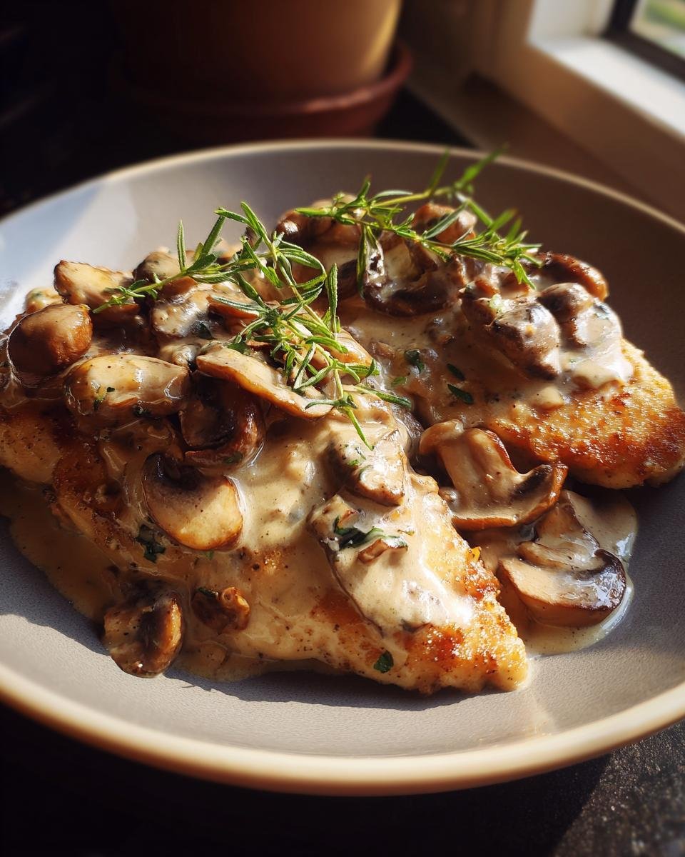 Close-up of Irresistible Chicken Marsala topped with a rich, creamy mushroom sauce and fresh rosemary.