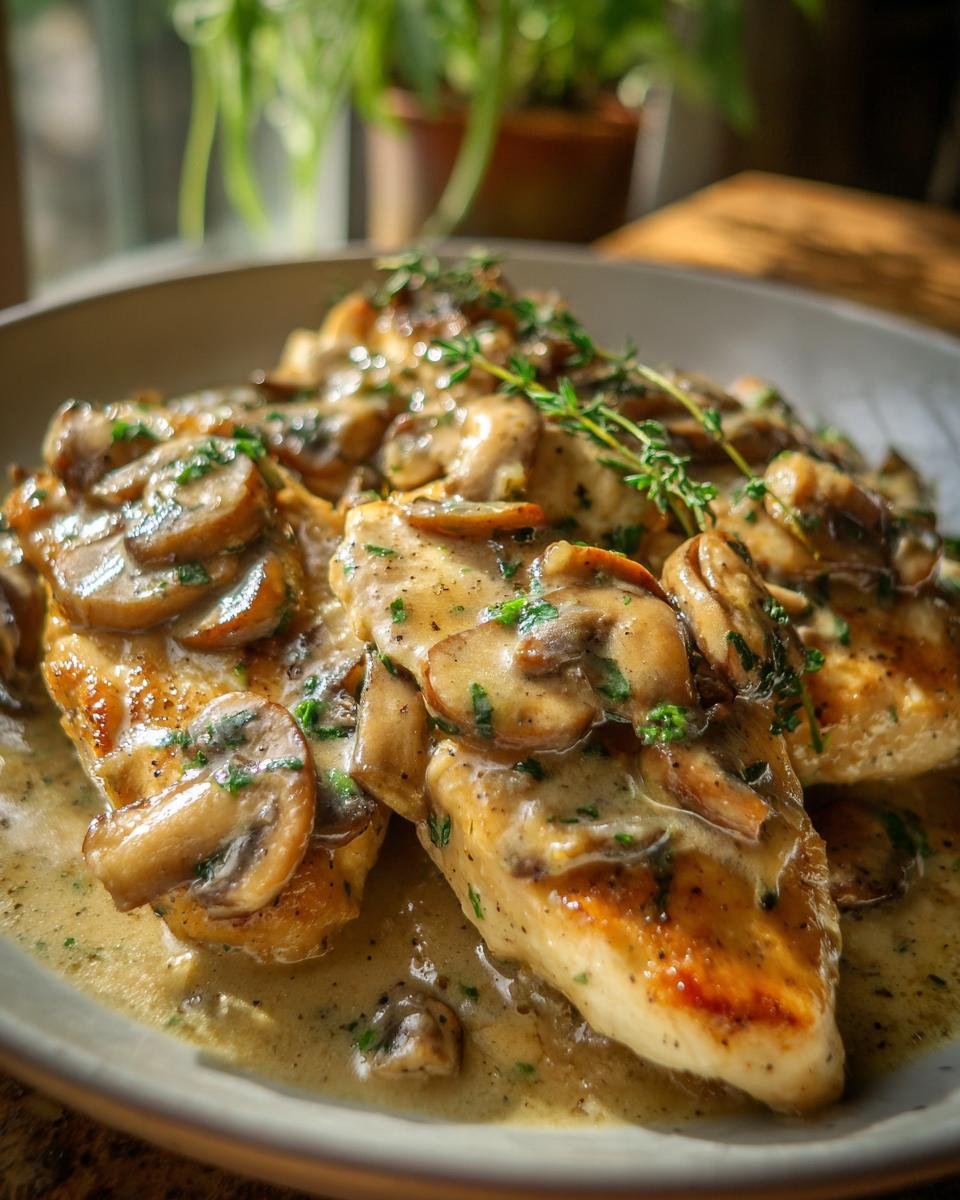 Close-up of Irresistible Chicken Marsala with a rich, creamy mushroom sauce and fresh herbs.
