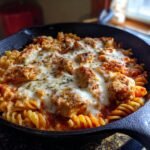 Close-up of Irresistible Chicken Parmesan Pasta Skillet with melted cheese and herbs.