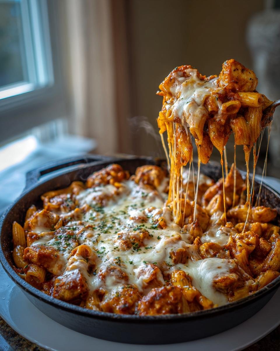 A spoonful of Irresistible Chicken Parmesan Pasta Skillet, with melted cheese stretching.