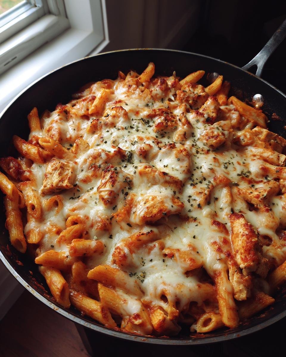 Close-up of a skillet filled with Irresistible Chicken Parmesan Pasta, topped with melted cheese and herbs.