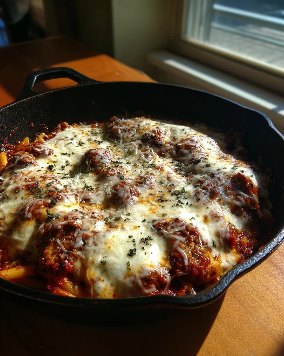 A close-up of an Irresistible Chicken Parmesan Pasta Skillet, bubbling with melted cheese and marinara sauce.