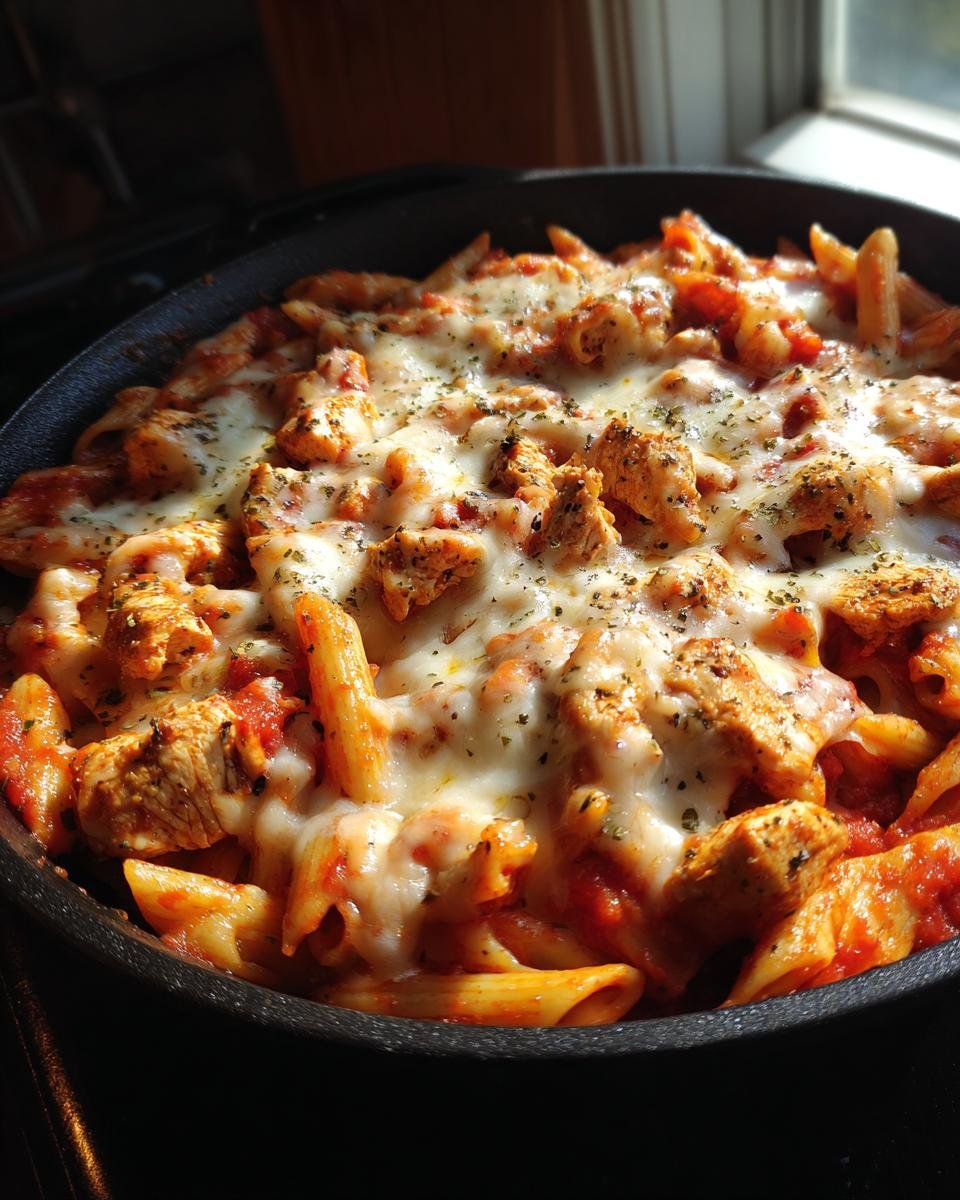 Close-up of an Irresistible Chicken Parmesan Pasta Skillet with melted cheese and herbs.