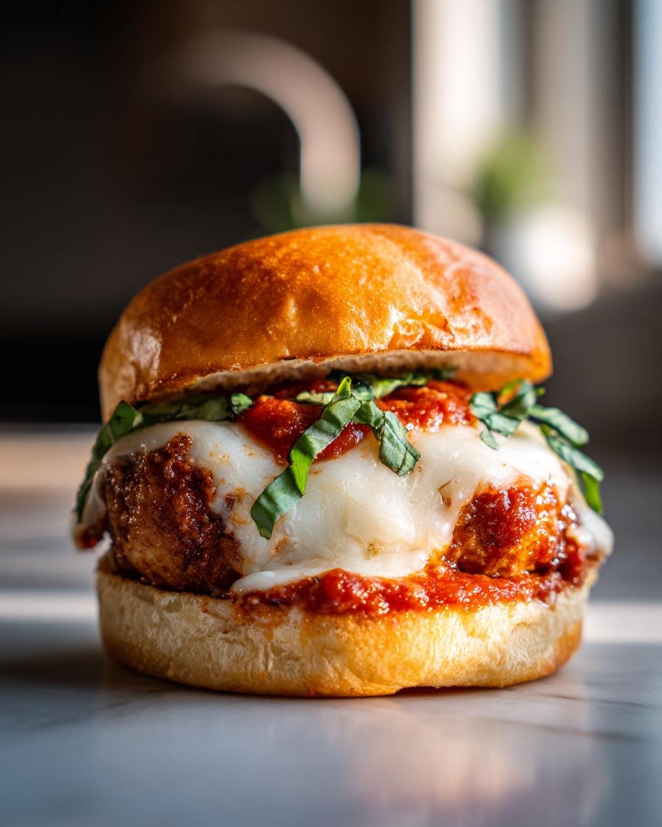 Close-up of an Irresistible Chicken Parmesan Sliders party treat, featuring a golden bun, melted mozzarella, marinara sauce, and fresh basil.