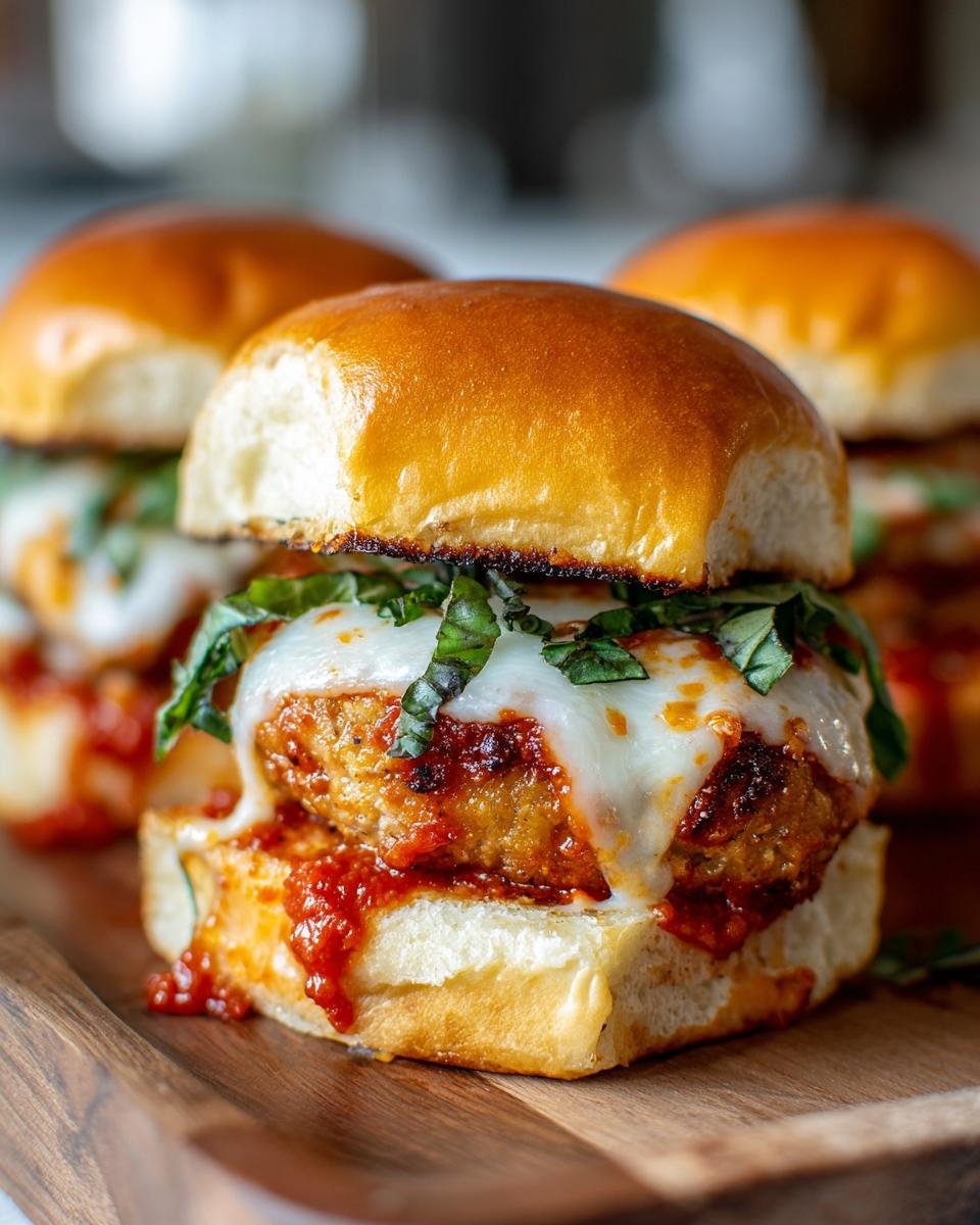 Close-up of an Irresistible Chicken Parmesan Slider with melted cheese and fresh basil.