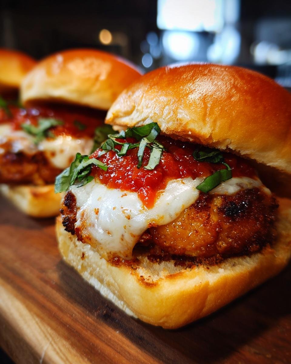 Close-up of an Irresistible Chicken Parmesan Sliders Party Treat on a wooden board, with melted cheese and marinara sauce.