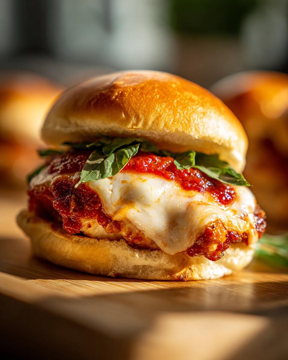 Close-up of an Irresistible Chicken Parmesan Sliders Party Treat, featuring melted mozzarella, marinara sauce, and fresh basil on a slider bun.