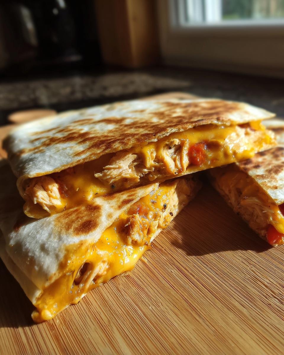 Close-up of Irresistible Chicken Quesadillas, showing melted cheese and shredded chicken filling.