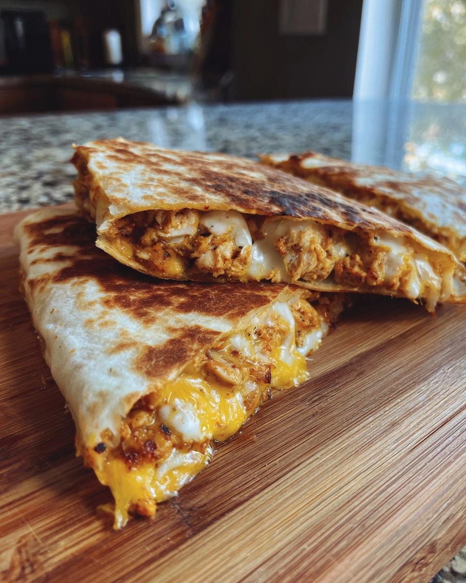 Close-up of Irresistible Chicken Quesadillas sliced and stacked on a wooden cutting board, showing melted cheese and seasoned chicken.