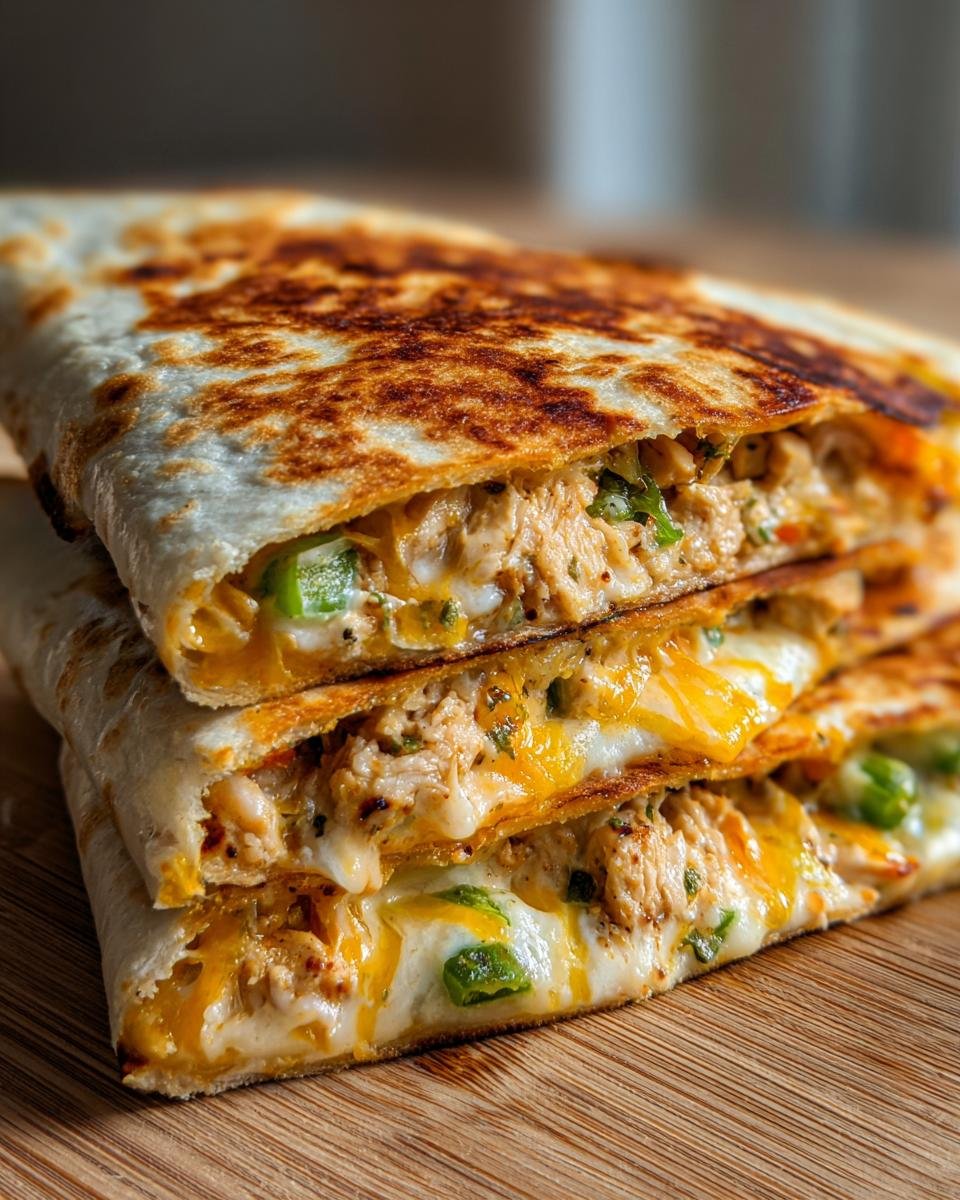 Close-up of stacked Irresistible Chicken Quesadillas, showing melted cheese and shredded chicken filling.