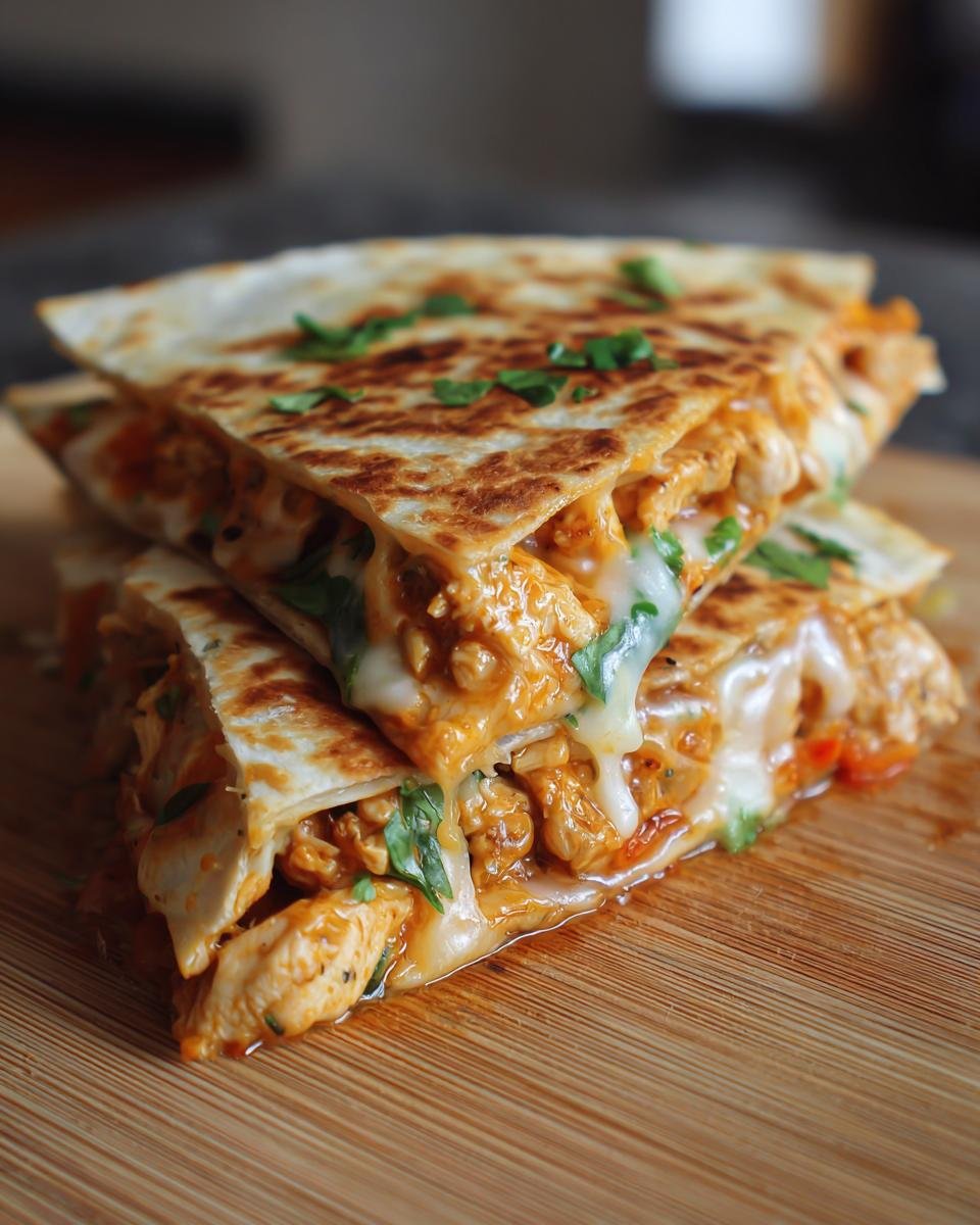 A stack of Irresistible Chicken Quesadillas, cut into wedges, with melted cheese oozing out and garnished with fresh herbs.