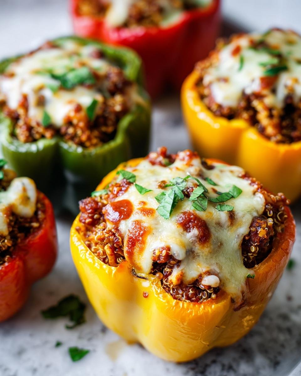 Close-up of colorful Irresistible Chicken Stuffed Peppers, topped with melted cheese and fresh herbs.