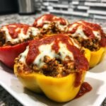 Four Irresistible Chicken Stuffed Peppers, topped with melted cheese and marinara sauce, served on a white plate.