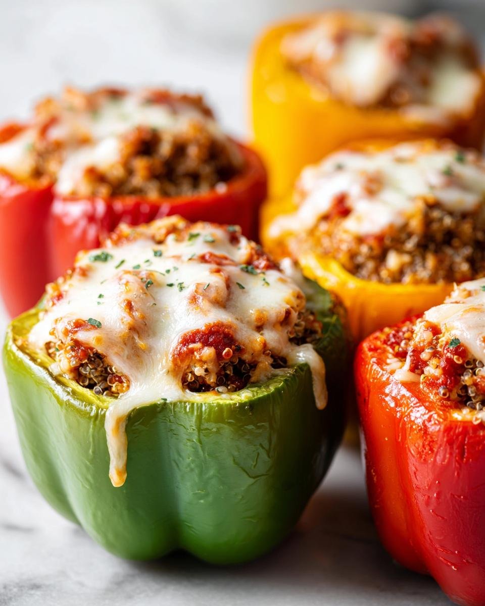Close-up of Irresistible Chicken Stuffed Peppers Healthy And Tasty, filled with quinoa and topped with melted cheese and sauce.