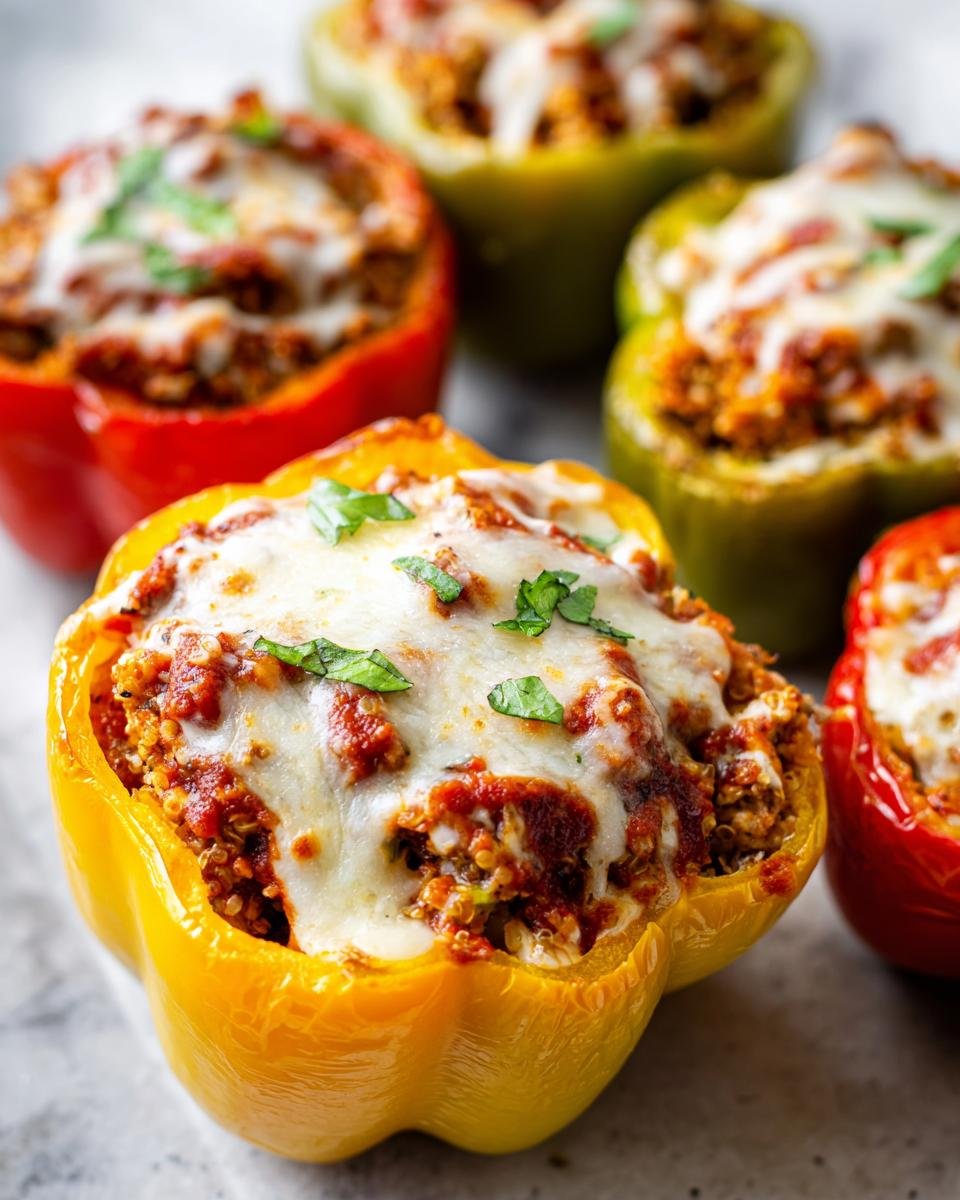 Close-up of irresistible chicken stuffed peppers, topped with melted cheese and fresh herbs.