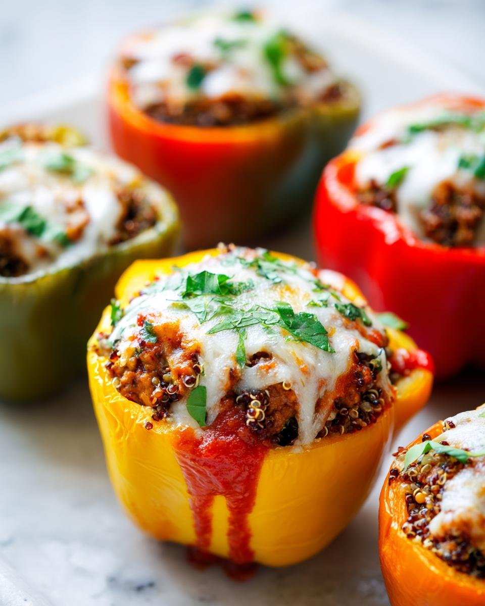 Close-up of Irresistible Chicken Stuffed Peppers filled with quinoa and topped with melted cheese and parsley.