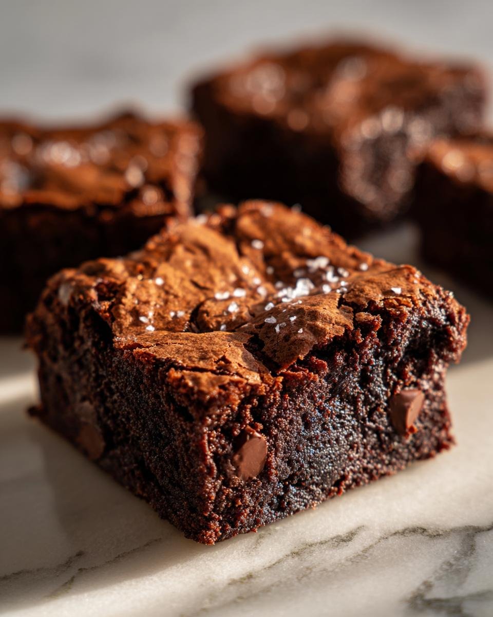 A close-up of an Irresistible Chocolate Chip Zucchini Brownie topped with flaky sea salt and visible chocolate chips.
