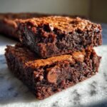 Close-up of two Irresistible Chocolate Chip Zucchini Brownies stacked, showcasing rich chocolate chips and a fudgy texture.