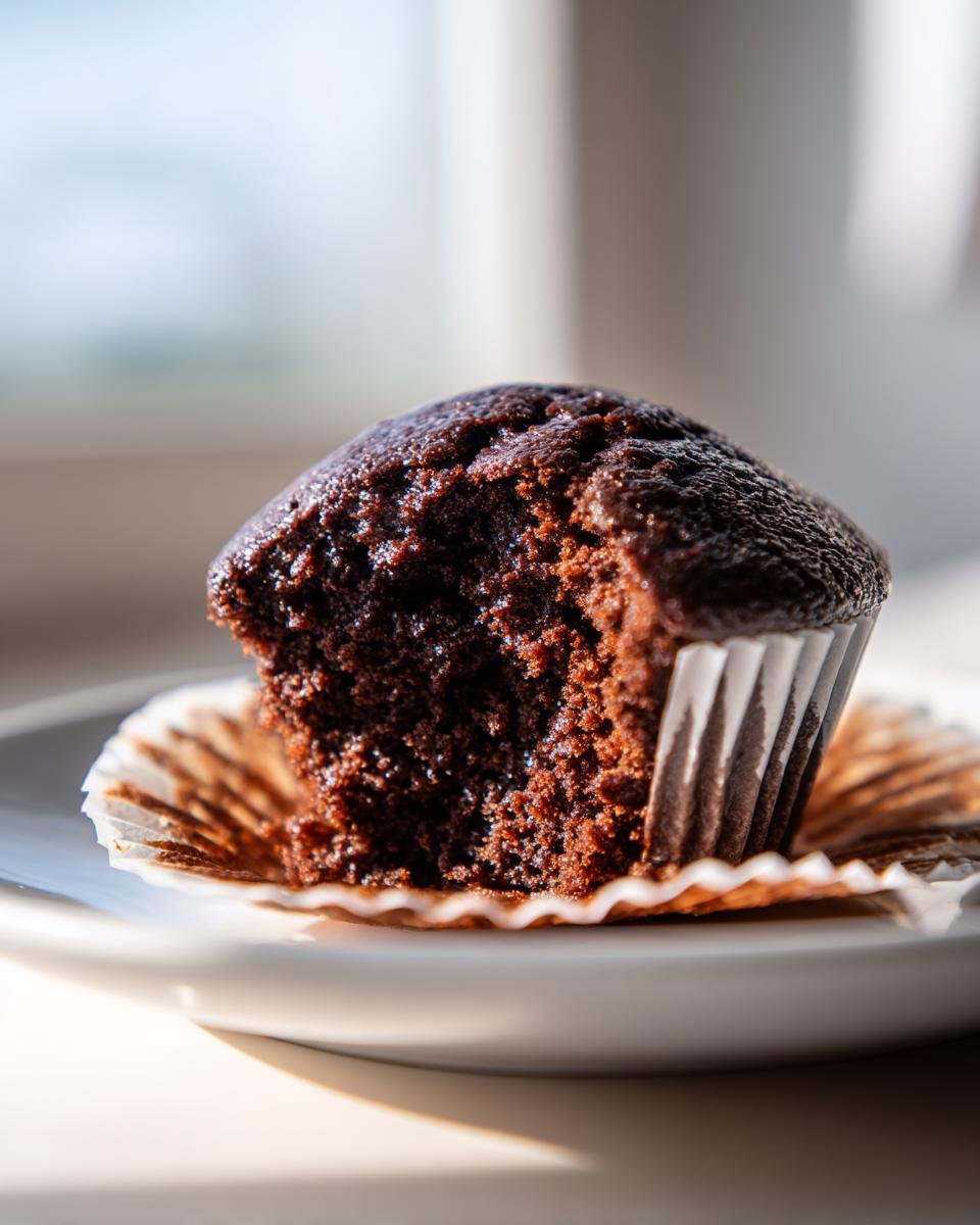 Close-up of an Irresistible Chocolate Cupcake with a bite taken out, revealing its moist texture.