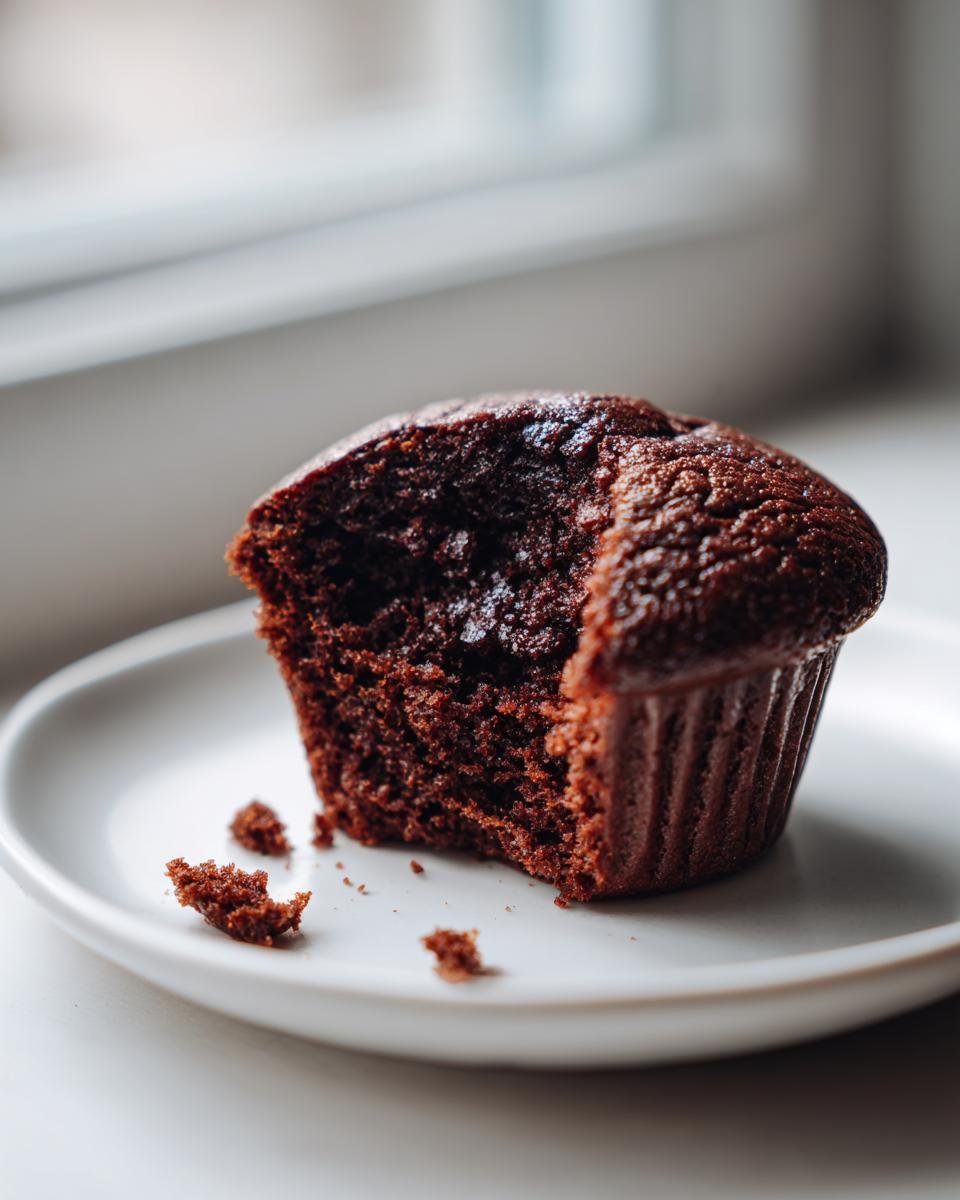 A close-up of an Irresistible Chocolate Cupcake with a bite taken out, revealing its moist interior.