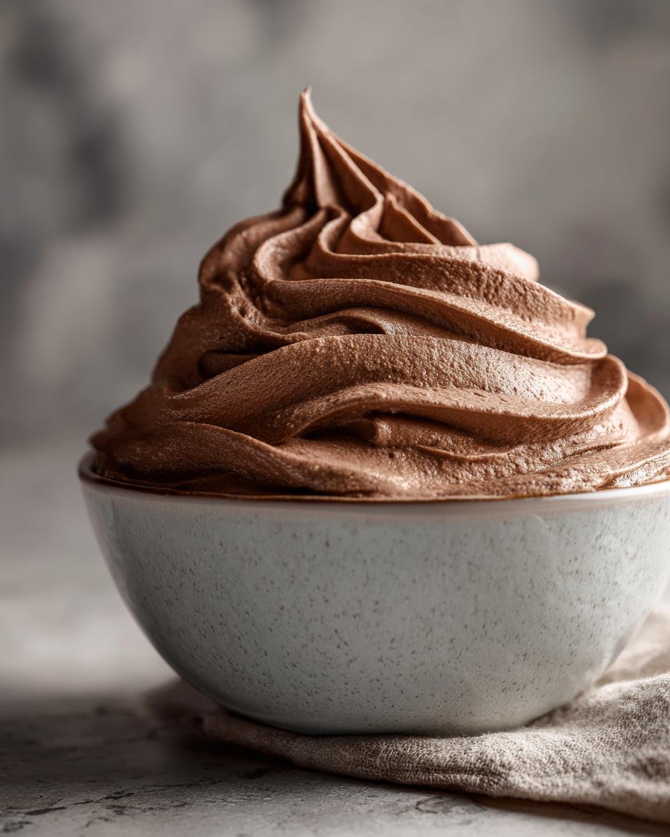 A close-up of a bowl filled with light and fluffy chocolate mousse, showcasing its airy texture.