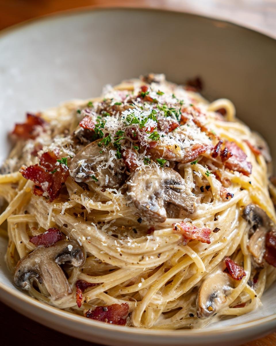 Close-up of Irresistible Creamy Bacon Mushroom Pasta, garnished with parsley and cheese.