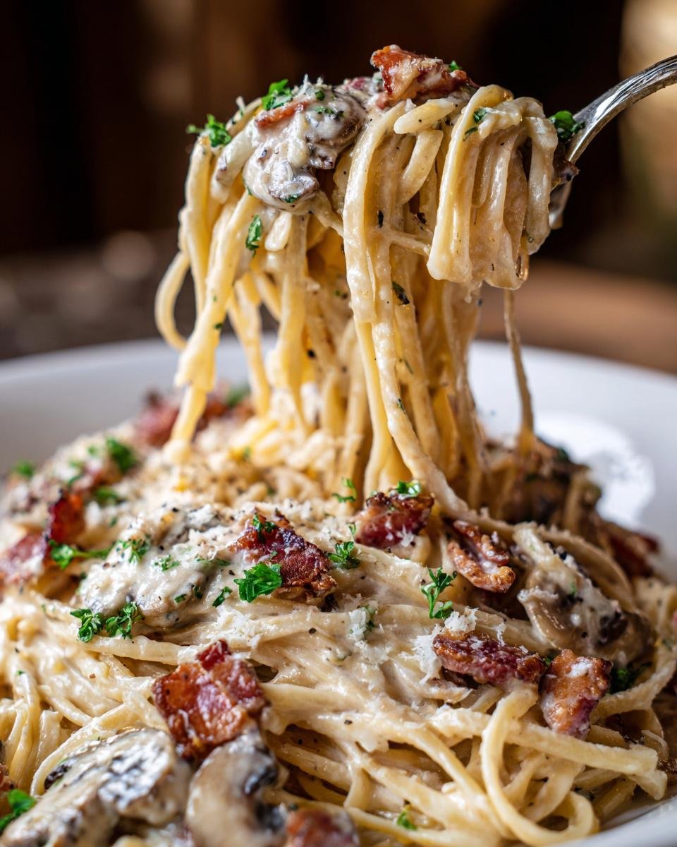 Close-up of a fork lifting a generous portion of Irresistible Creamy Bacon Mushroom Pasta, showing pasta, bacon, mushrooms, and sauce.
