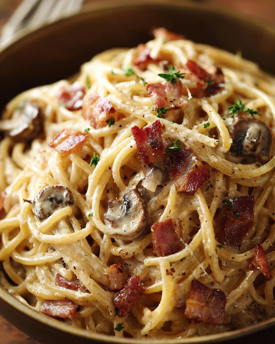Close-up of Irresistible Creamy Bacon Mushroom Pasta with spaghetti, crispy bacon, mushrooms, and herbs.