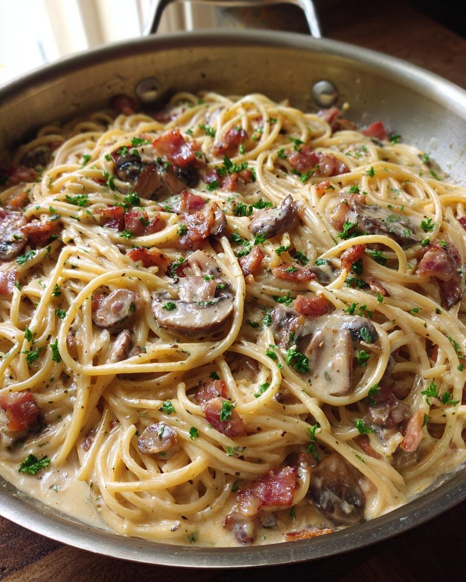 Close-up of Irresistible Creamy Bacon Mushroom Pasta in a skillet, garnished with parsley.