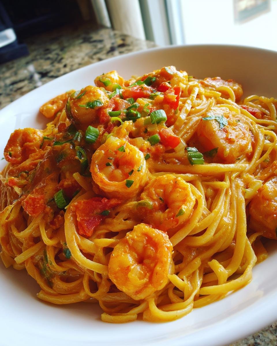 A close-up of Irresistible Creamy Cajun Shrimp Pasta, featuring linguine noodles coated in a rich sauce with plump shrimp and diced tomatoes.