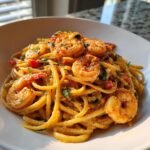 A bowl of Irresistible Creamy Cajun Shrimp Pasta with plump shrimp and fresh herbs.