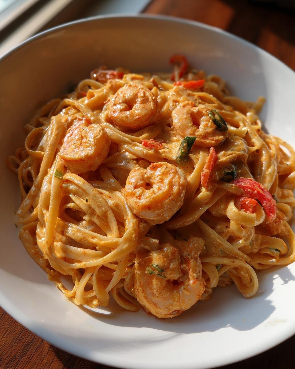A bowl of Irresistible Creamy Cajun Shrimp Pasta with fettuccine noodles and plump shrimp in a rich sauce.