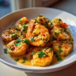 Close-up of Irresistible Creamy Coconut Shrimp in a white bowl, garnished with fresh parsley.