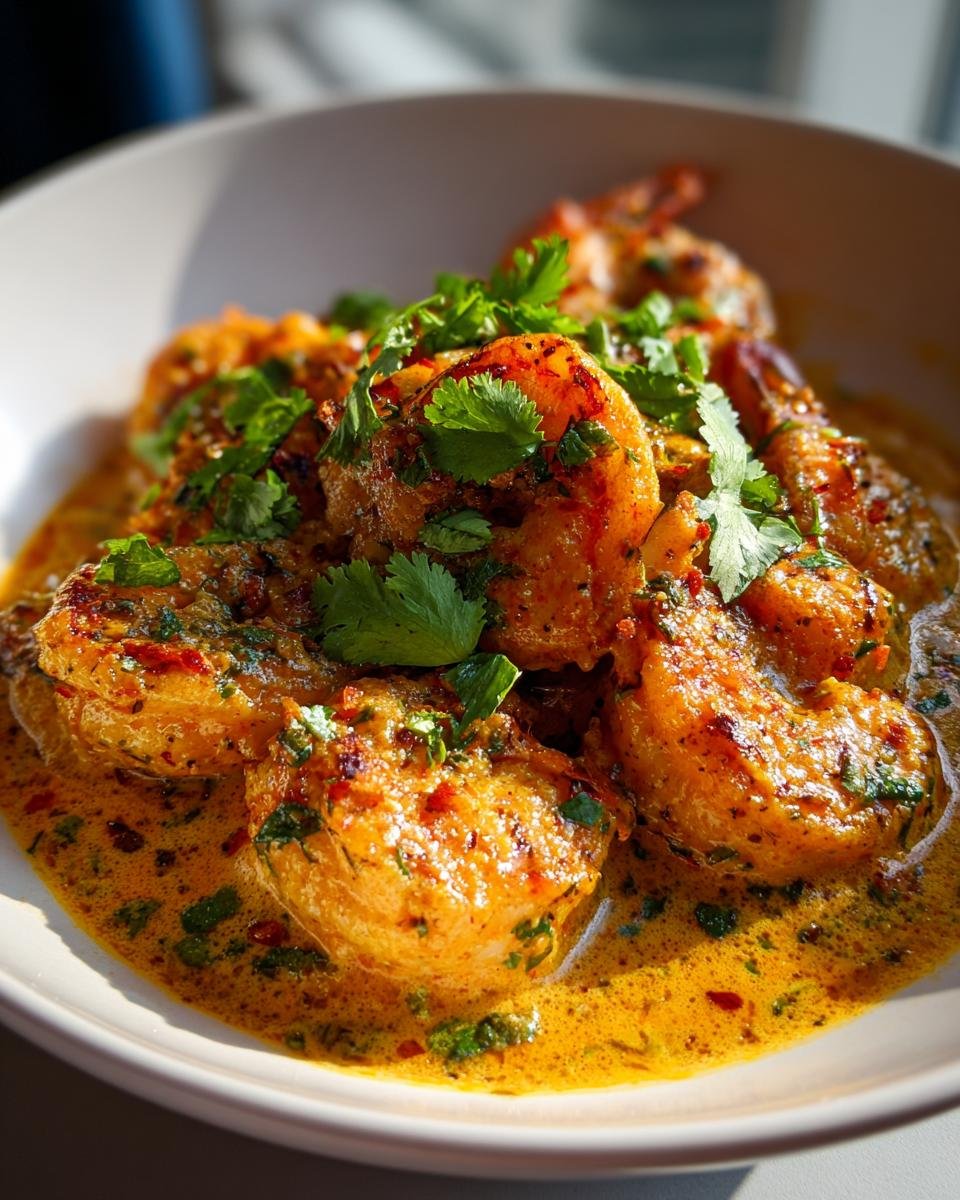 Close-up of Irresistible Creamy Coconut Shrimp in a rich, golden sauce, garnished with fresh cilantro.