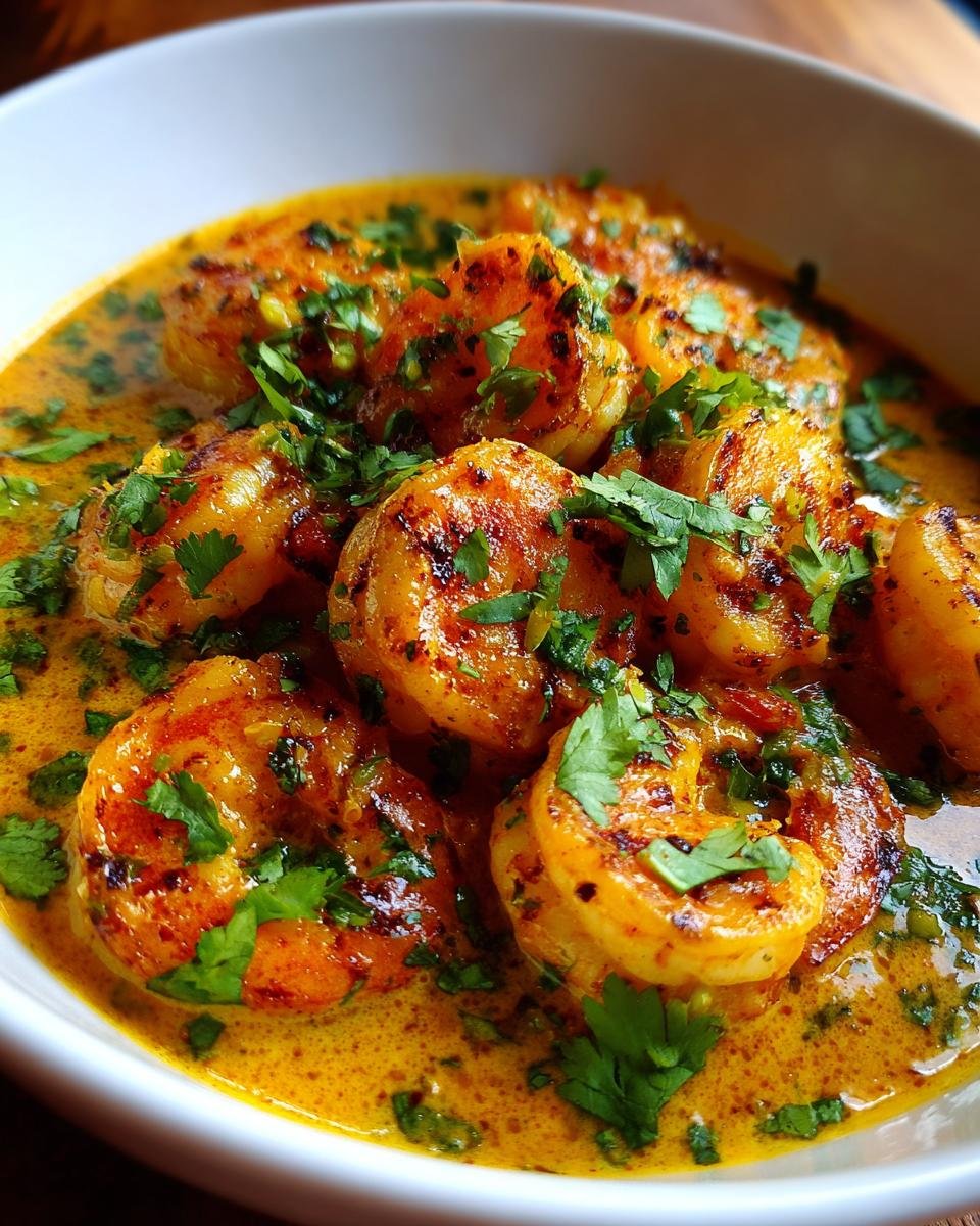 A bowl of Irresistible Creamy Coconut Shrimp, garnished with fresh cilantro, showcasing the rich sauce.