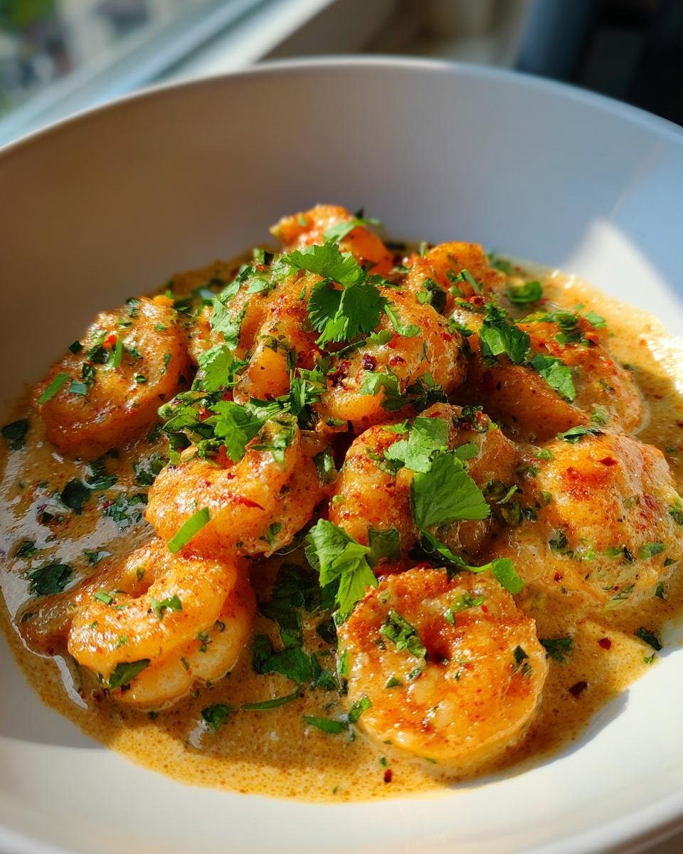 Close-up of Irresistible Creamy Coconut Shrimp in a rich sauce, garnished with fresh cilantro.
