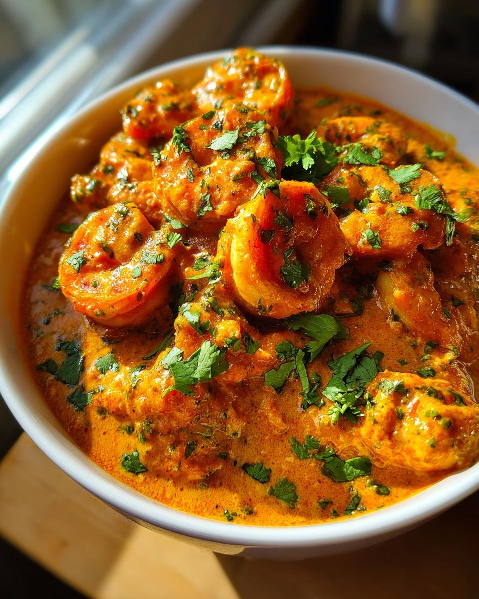 Close-up of Irresistible Creamy Coconut Shrimp in a white bowl, garnished with fresh parsley.