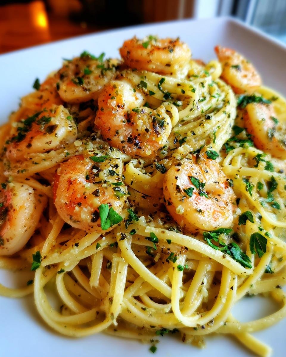 Close-up of Irresistible Creamy Garlic Shrimp Pasta with perfectly cooked shrimp and fresh parsley.