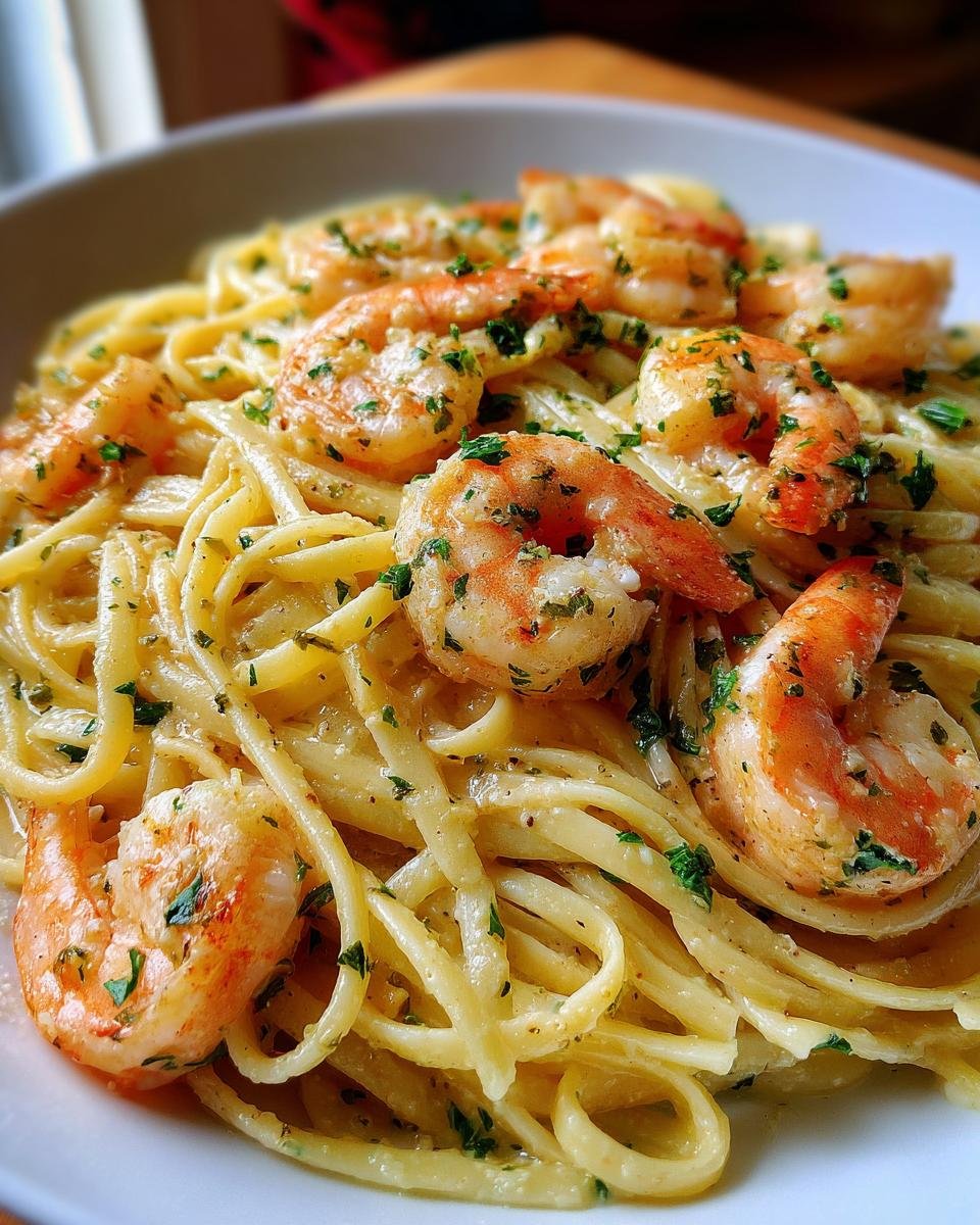 Close-up of Irresistible Creamy Garlic Shrimp Pasta with linguine noodles and plump shrimp, garnished with parsley.