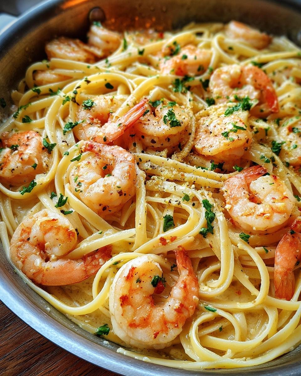 Close-up of Irresistible Creamy Garlic Shrimp Pasta in a pan, featuring linguine, plump shrimp, and fresh parsley.