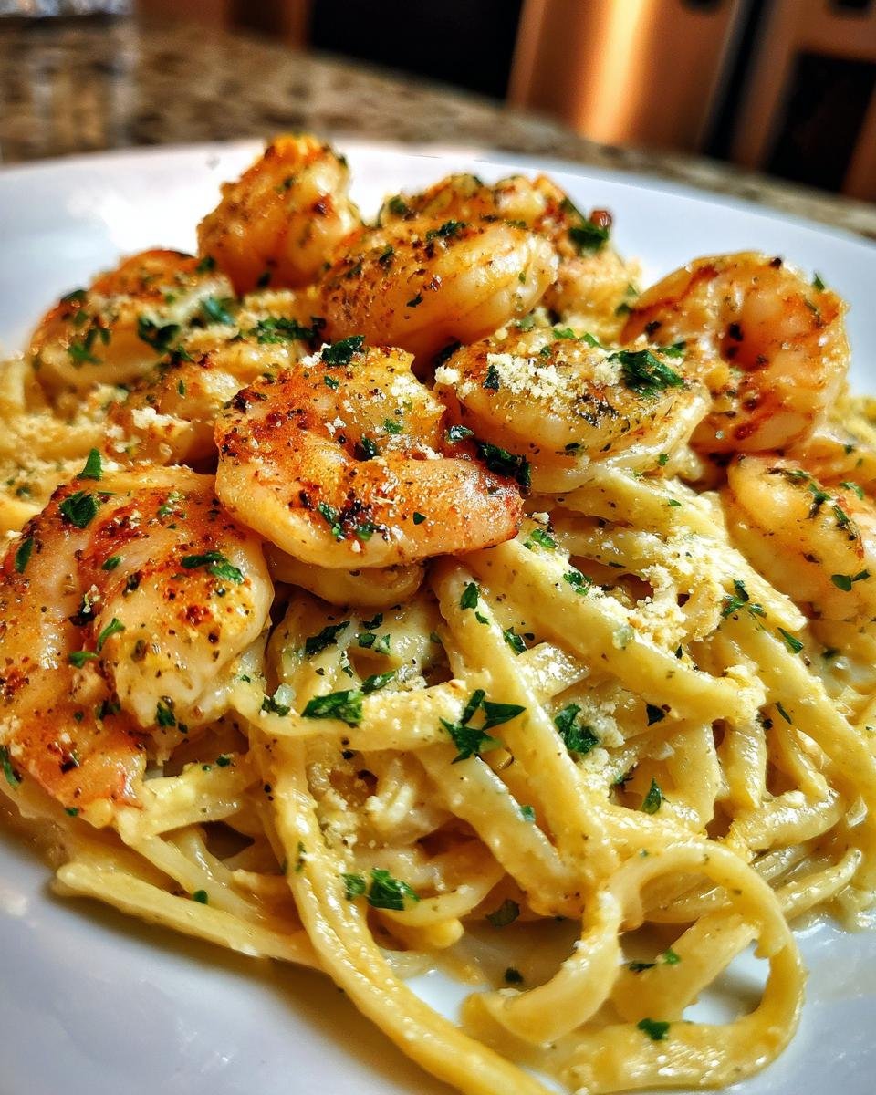 A plate of Irresistible Creamy Garlic Shrimp Pasta, topped with seasoned shrimp and fresh parsley.