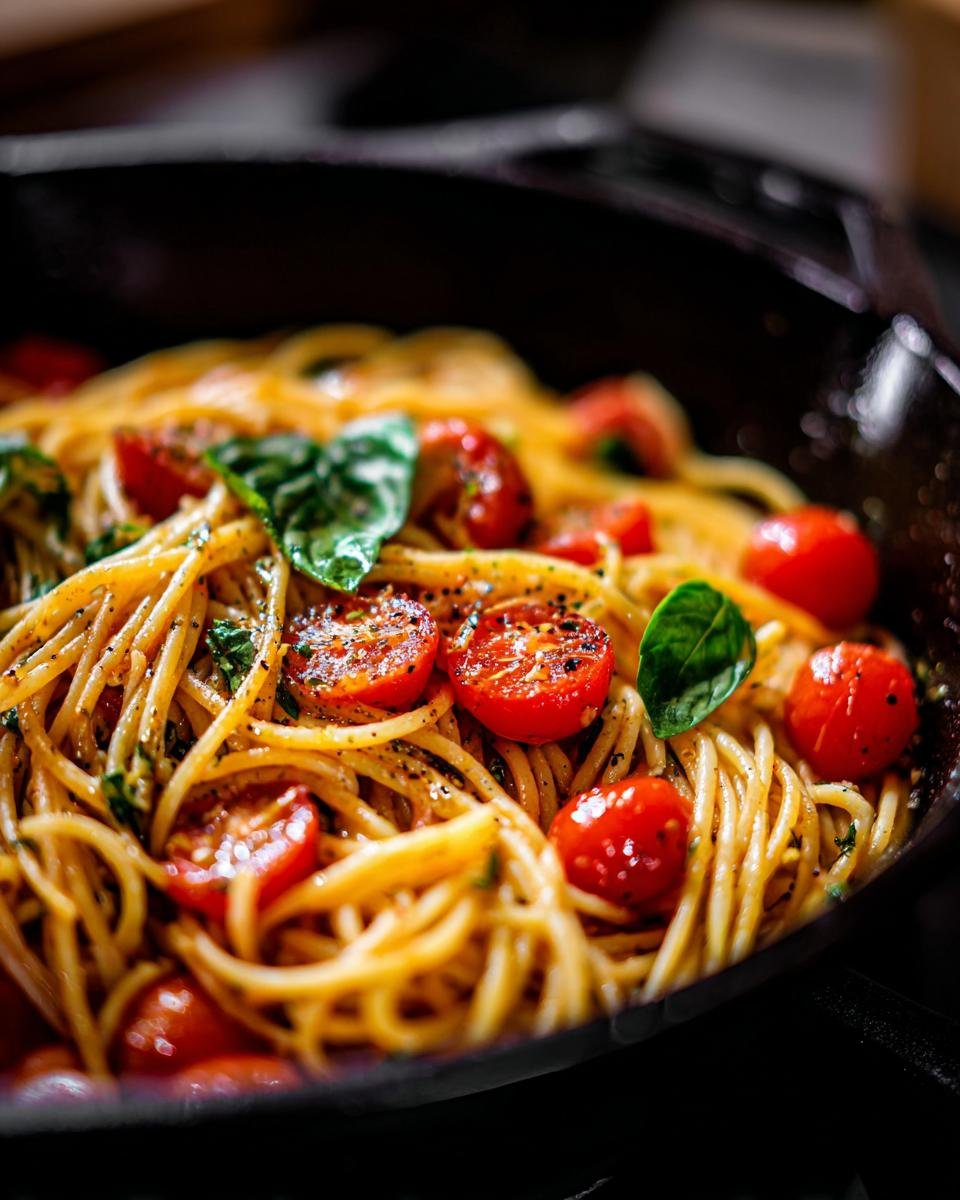 Close-up of Irresistible Creamy Tomato Basil Pasta with cherry tomatoes and fresh basil leaves in a skillet.