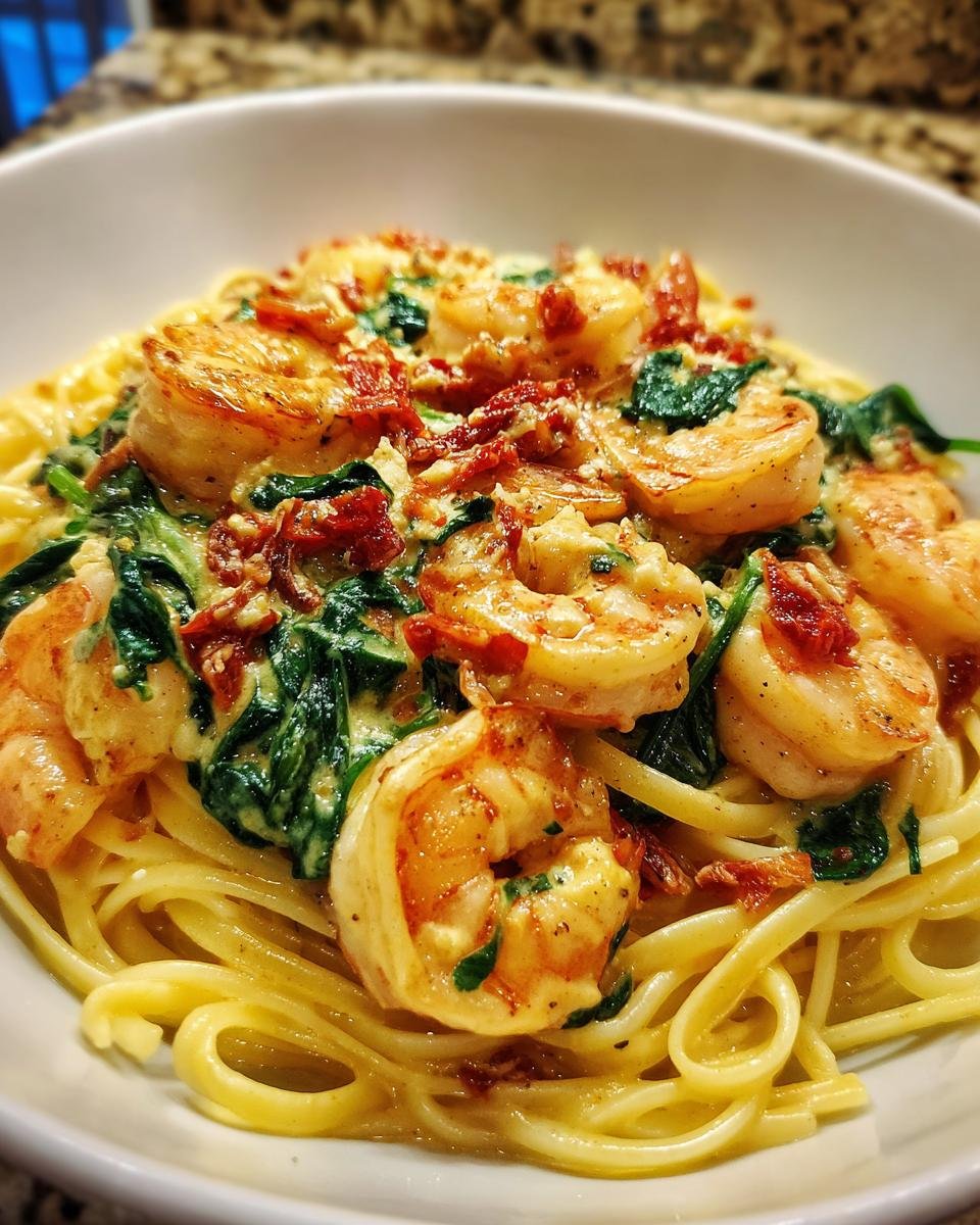 A close-up of Irresistible Creamy Tuscan Shrimp Pasta with linguine, plump shrimp, spinach, and sun-dried tomatoes in a rich sauce.
